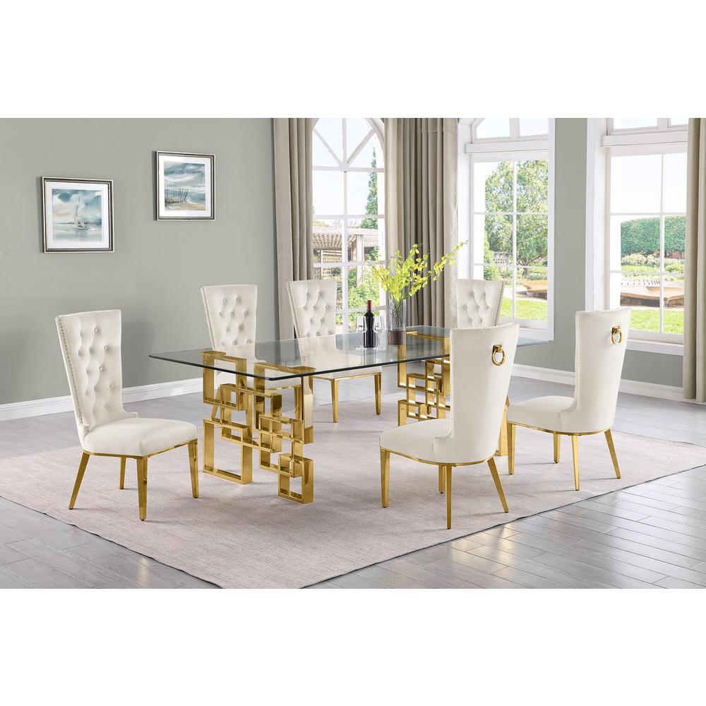 7-piece glam dining set with 6 cream  chairs and a 95″ long glass  table