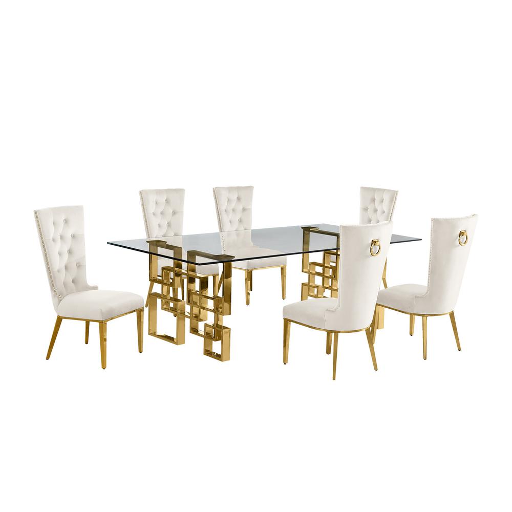 7-piece glam dining set with 6 cream  chairs and a 95″ long glass  table