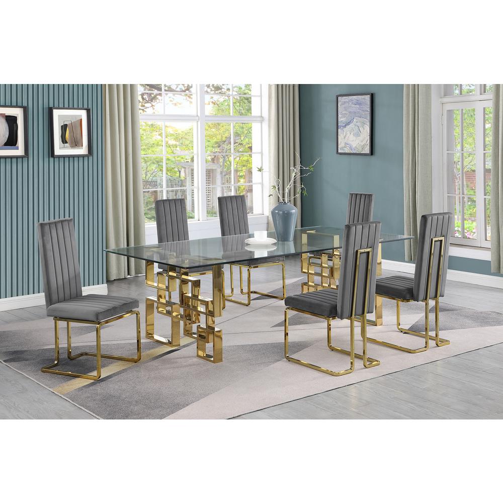 7-piece glam dining set with 6 Dark grey chairs and one 95″ glass  table