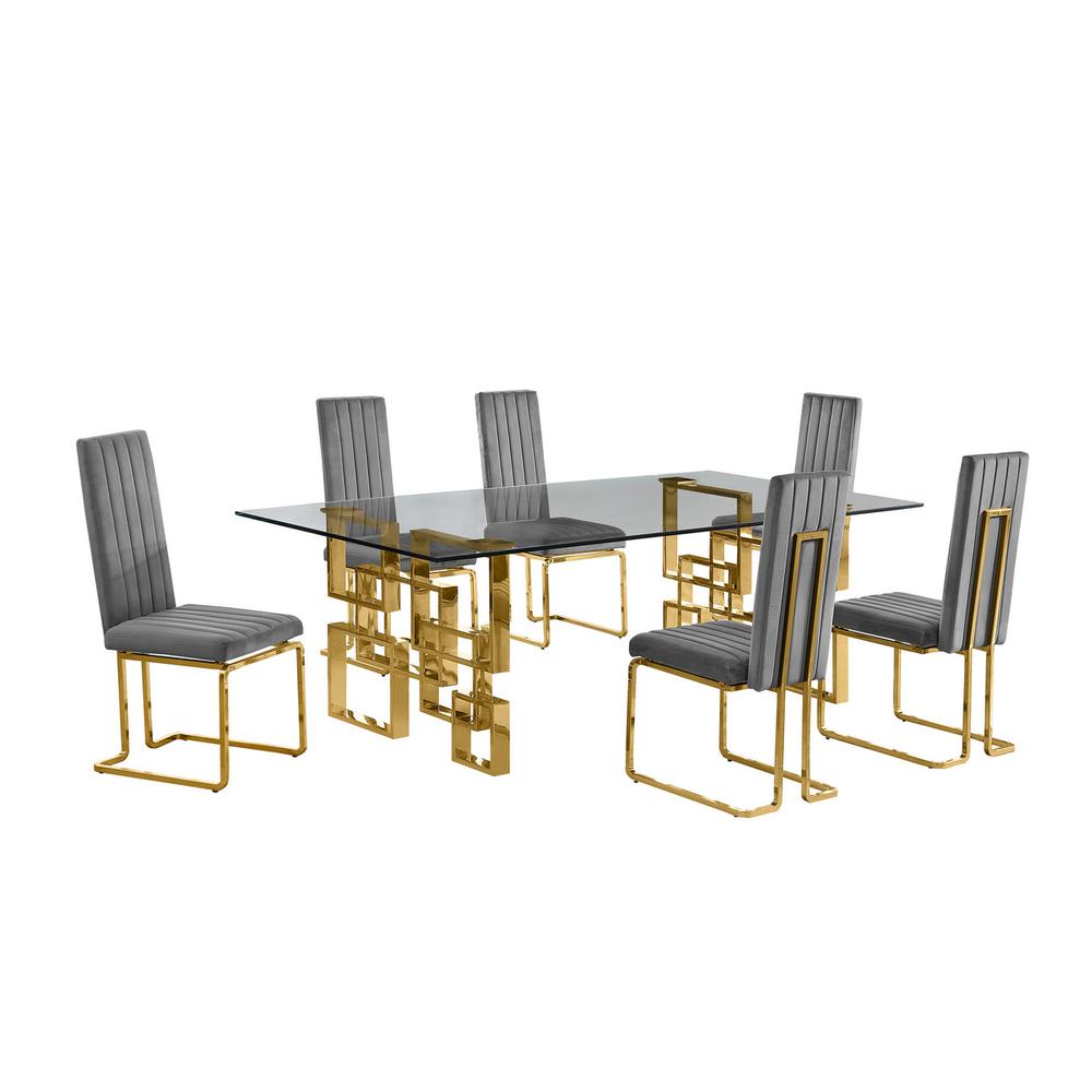 7-piece glam dining set with 6 Dark grey chairs and one 95″ glass  table