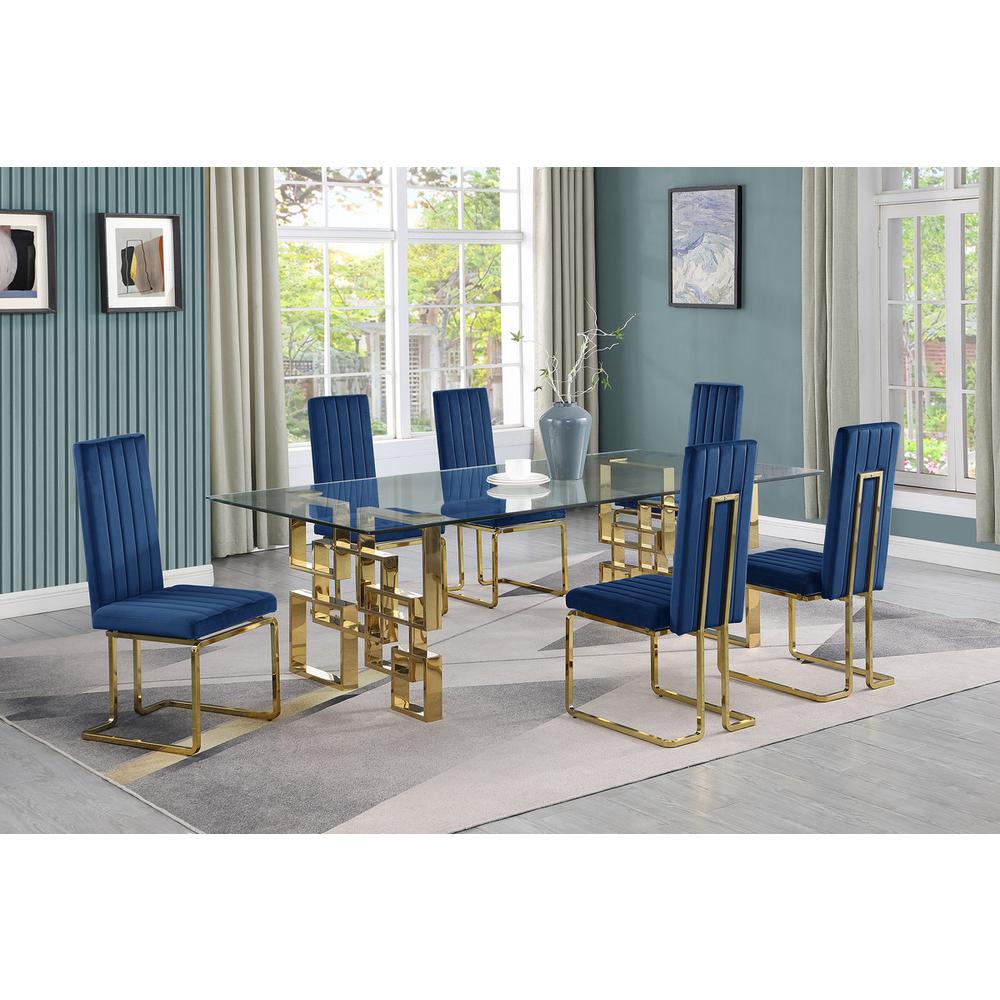 7-piece glam dining set with 6 Navy blue chairs and one 95″ glass table