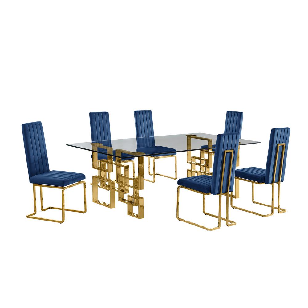 7-piece glam dining set with 6 Navy blue chairs and one 95″ glass table