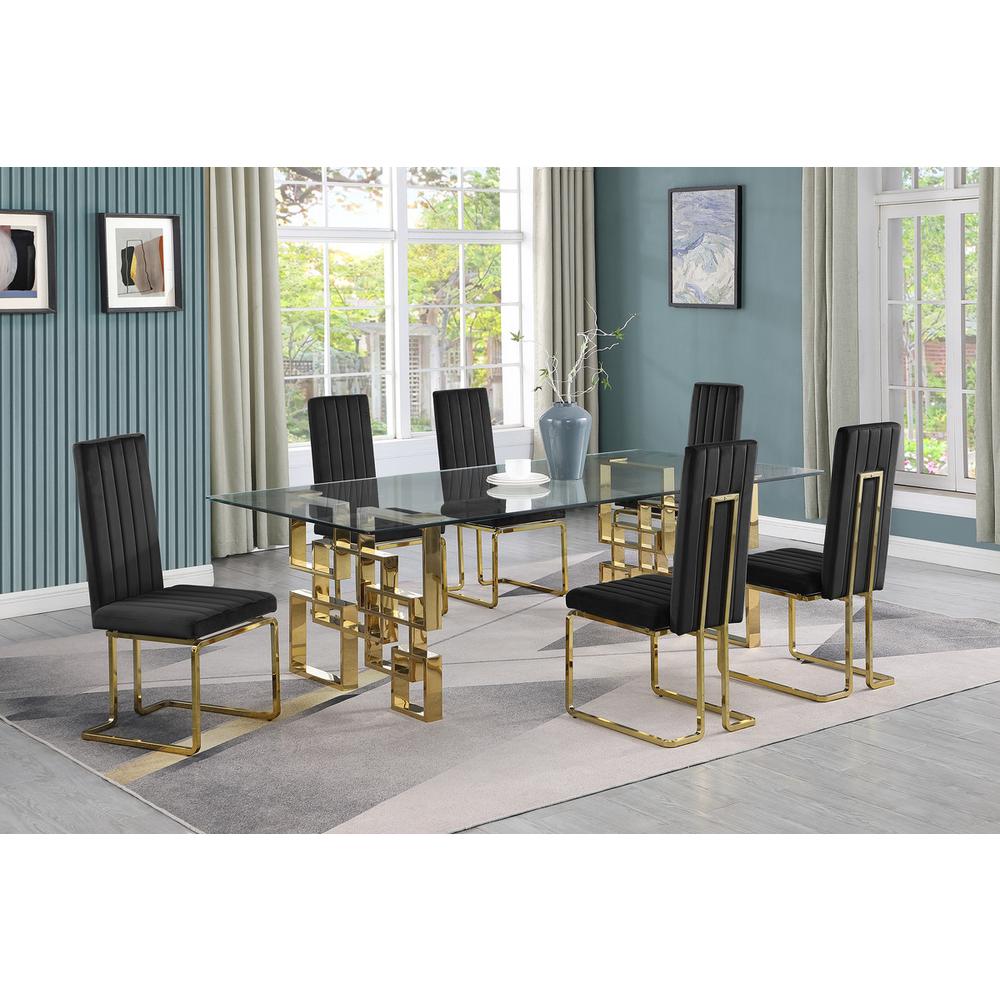 7-piece glam dining set with 6 Black chairs and one 95″ glass  table