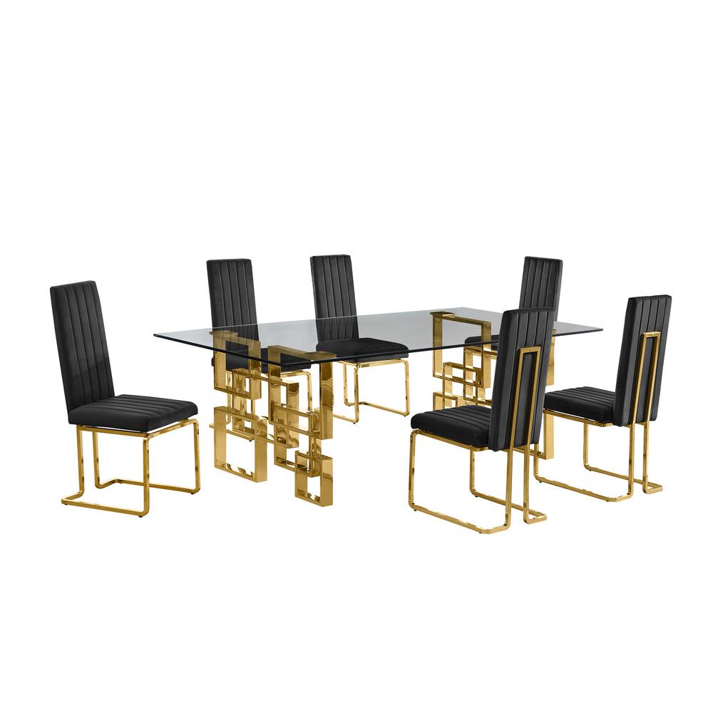 7-piece glam dining set with 6 Black chairs and one 95″ glass  table