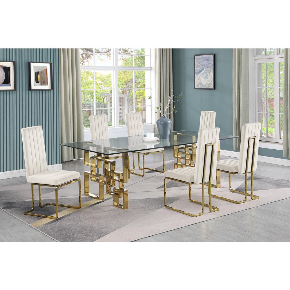 7-piece glam dining set with 6 Cream chairs and 95″ glass  table