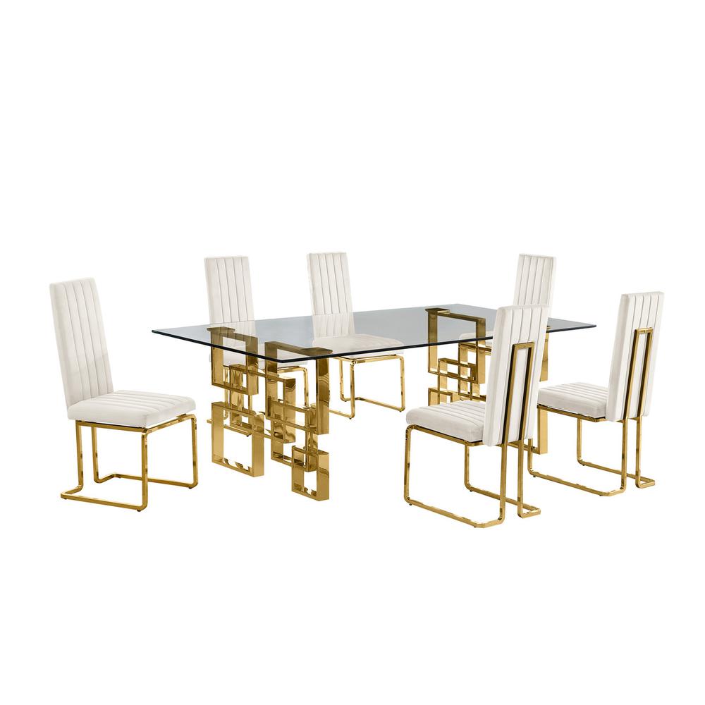 7-piece glam dining set with 6 Cream chairs and 95″ glass  table