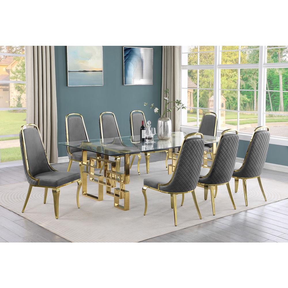 9-piece glam dining set with 8 Dark grey chairs and one 95″  glass dining table