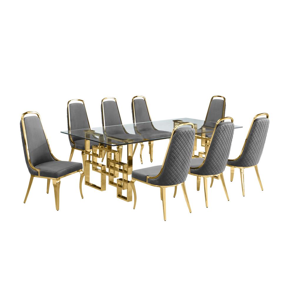 9-piece glam dining set with 8 Dark grey chairs and one 95″  glass dining table
