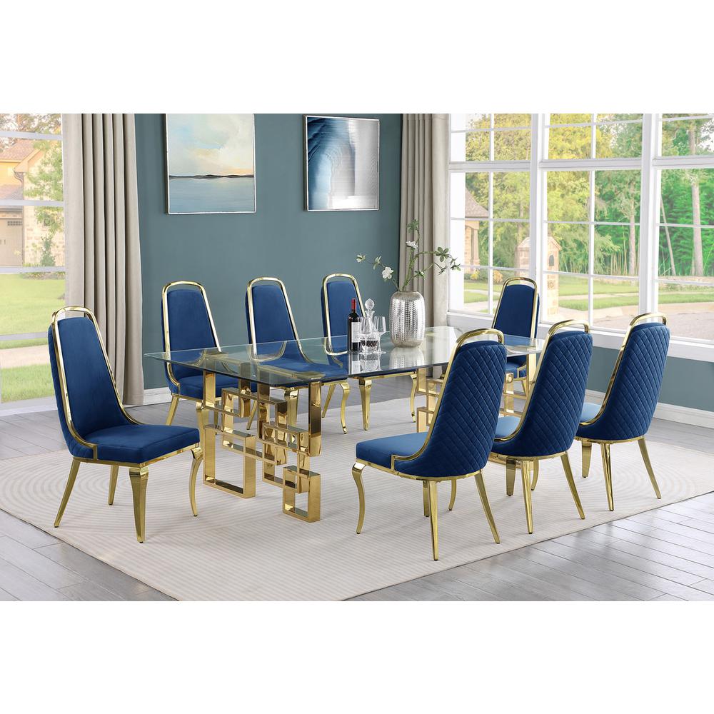 9-piece glam dining set with 8 Navy blue chairs and one 95″  glass dining table