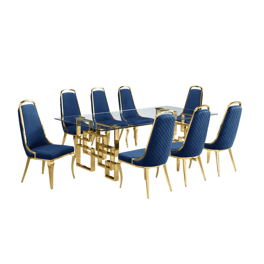 9-piece glam dining set with 8 Navy blue chairs and one 95″  glass dining table