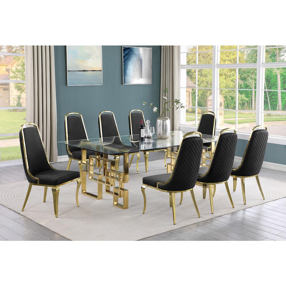 9-piece glam dining set with 8 Black side chairs and one 95″ glass dinging table