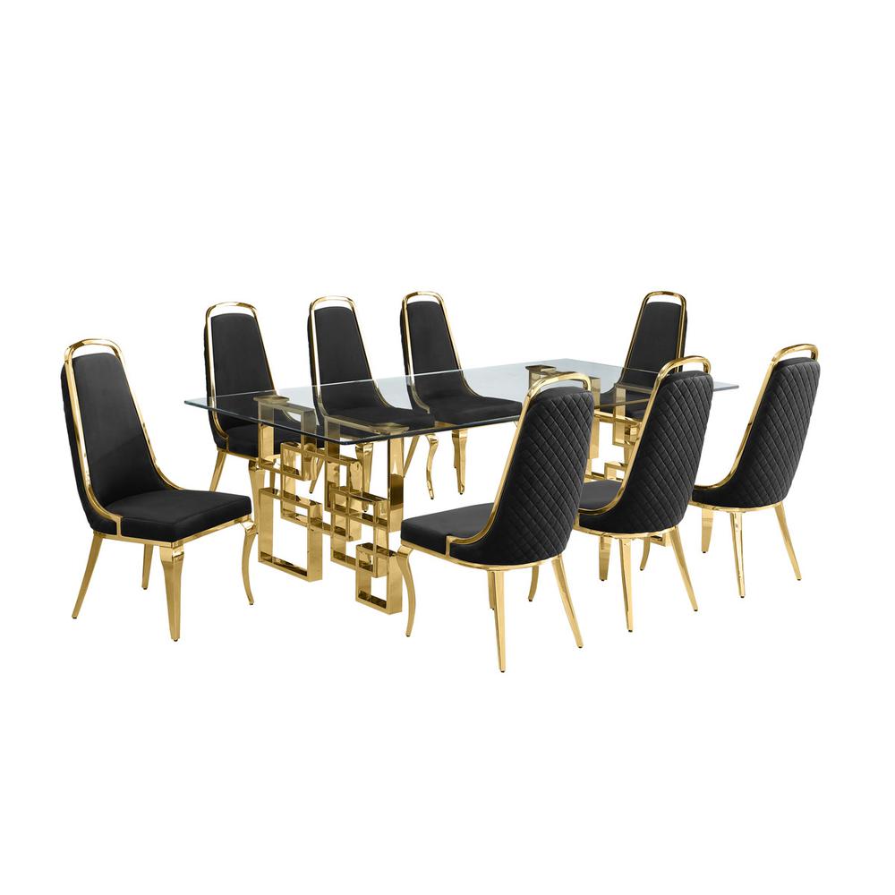 9-piece glam dining set with 8 Black side chairs and one 95″ glass dinging table