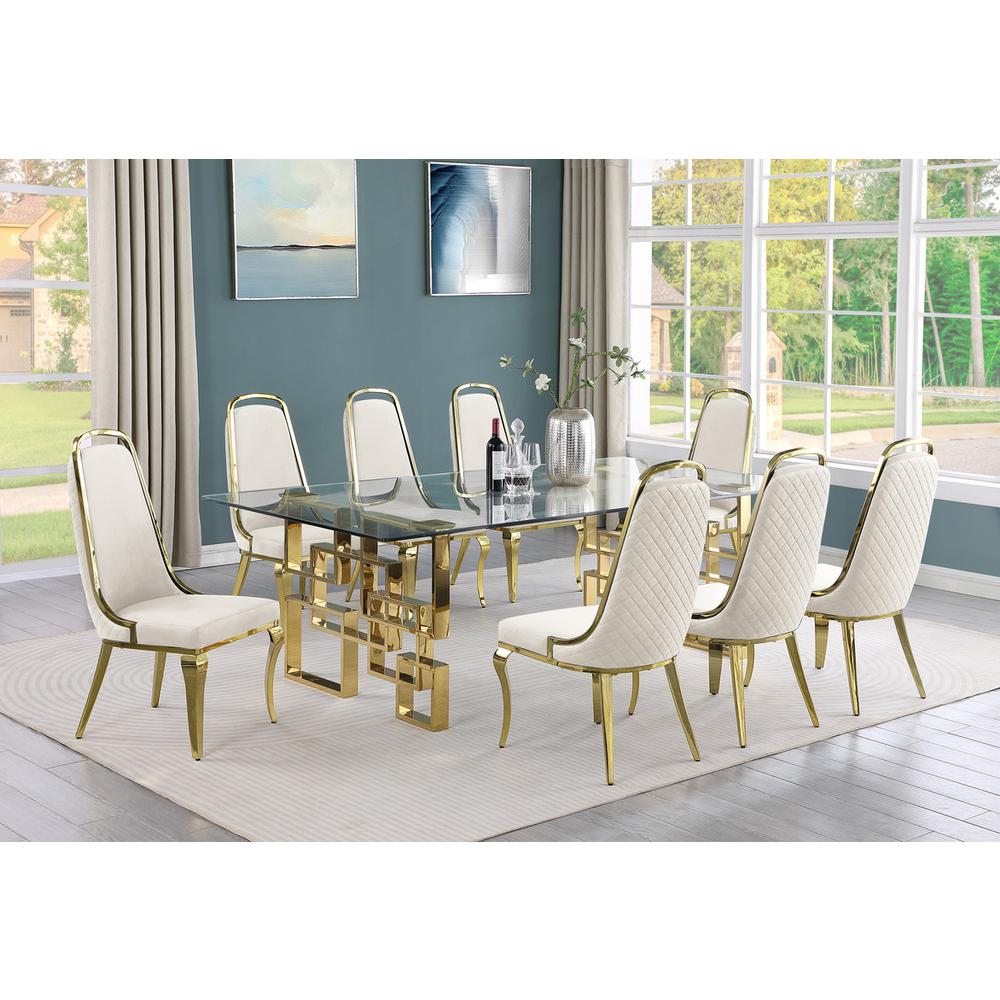9-piece glam dining set with 8 Cream side chairs and one 95″ glass dining table
