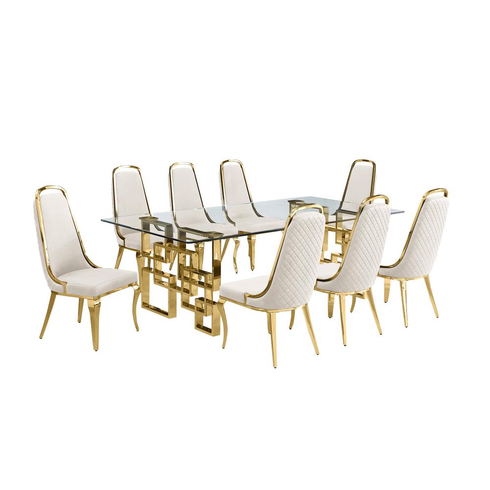 9-piece glam dining set with 8 Cream side chairs and one 95″ glass dining table