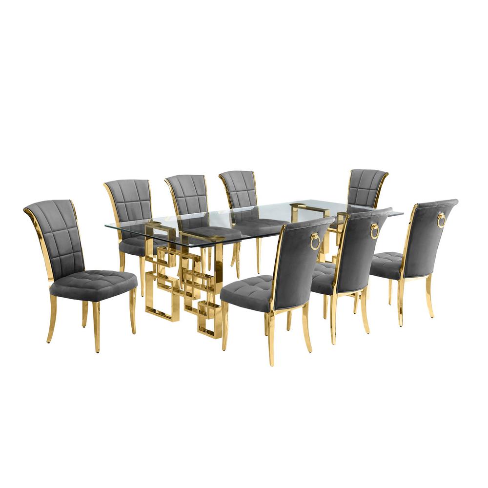 9-piece glam dining set with 8 dark grey chairs and a 95″ long glass  table