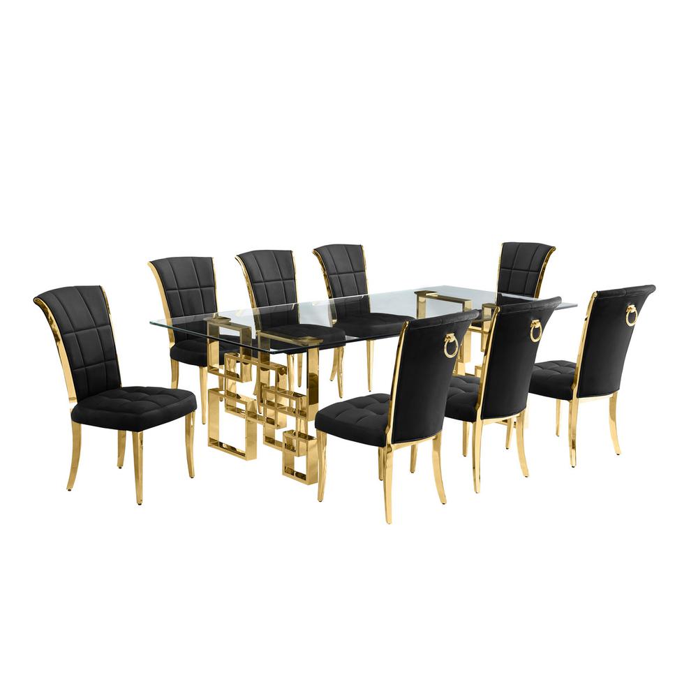 9-piece glam dining set with 8 black chairs and a 95″ long glass  table