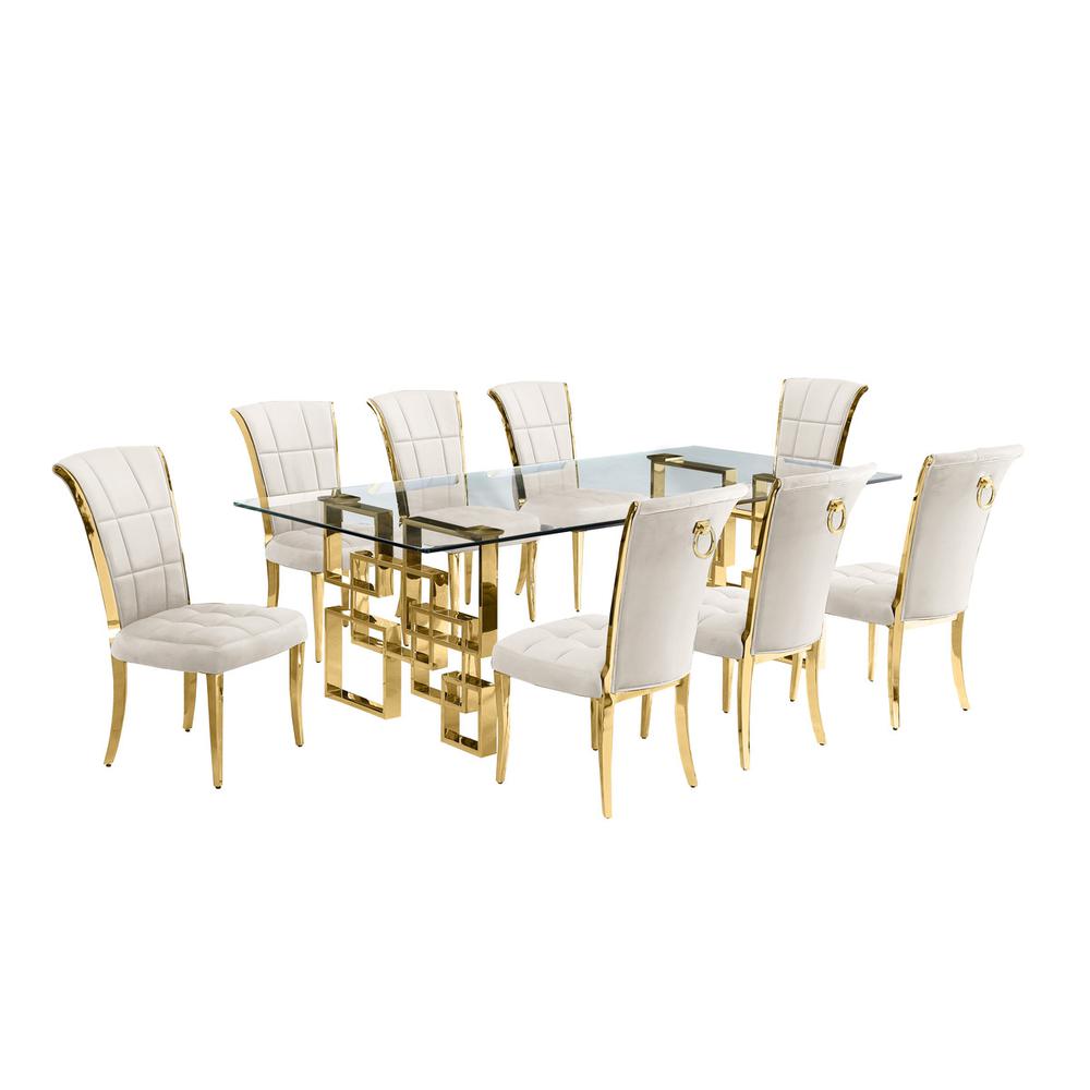 9-piece glam dining set with 8 cream chairs and a 95″ long glass  table