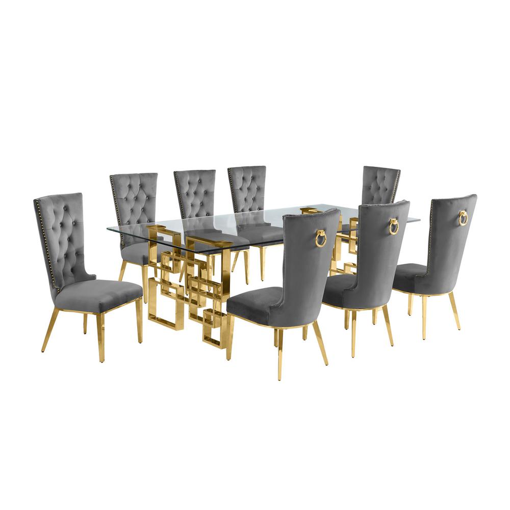 9-piece glam dining set with 8 dark grey chairs and a 95″ long glass  table