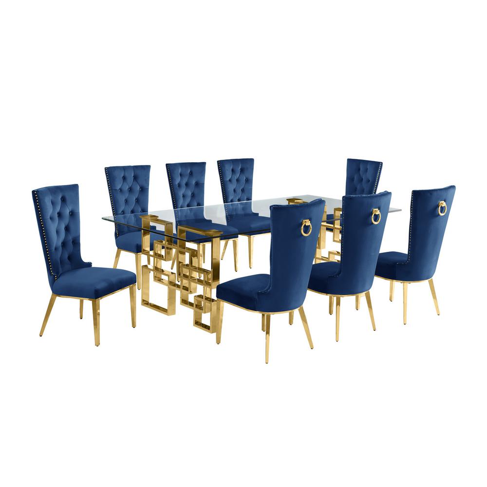 9-piece glam dining set with 8 navy blue chairs and a 95″ long glass  table