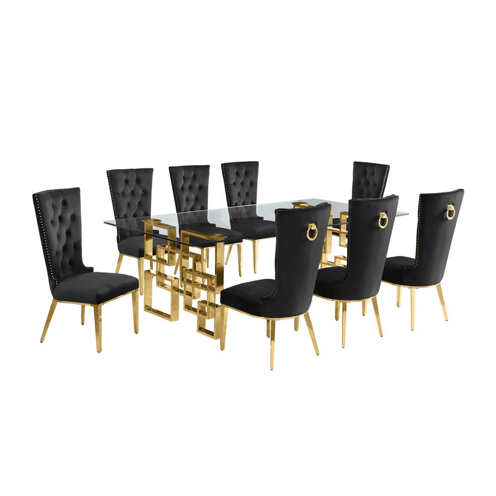 9-piece glam dining set with 8 black chairs and a 95″ long glass  table