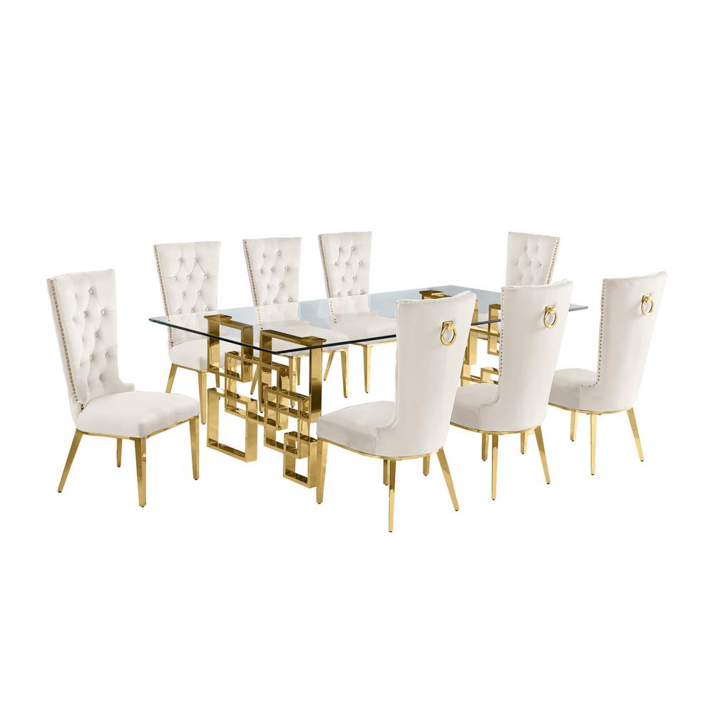 9-piece glam dining set with 8 cream chairs and a 95″ long glass  table