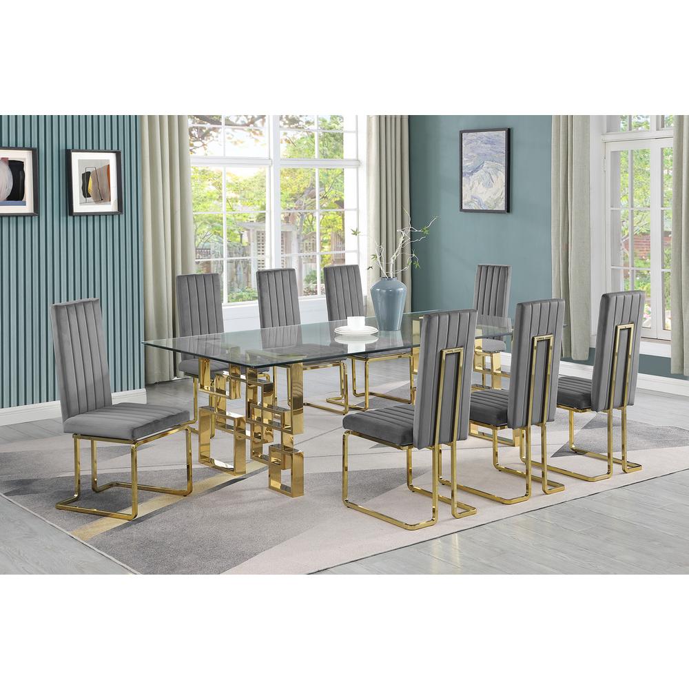 9-piece glam dining set with 8 Dark grey chairs and one 95″ glass  table