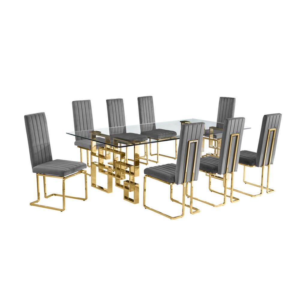 9-piece glam dining set with 8 Dark grey chairs and one 95″ glass  table