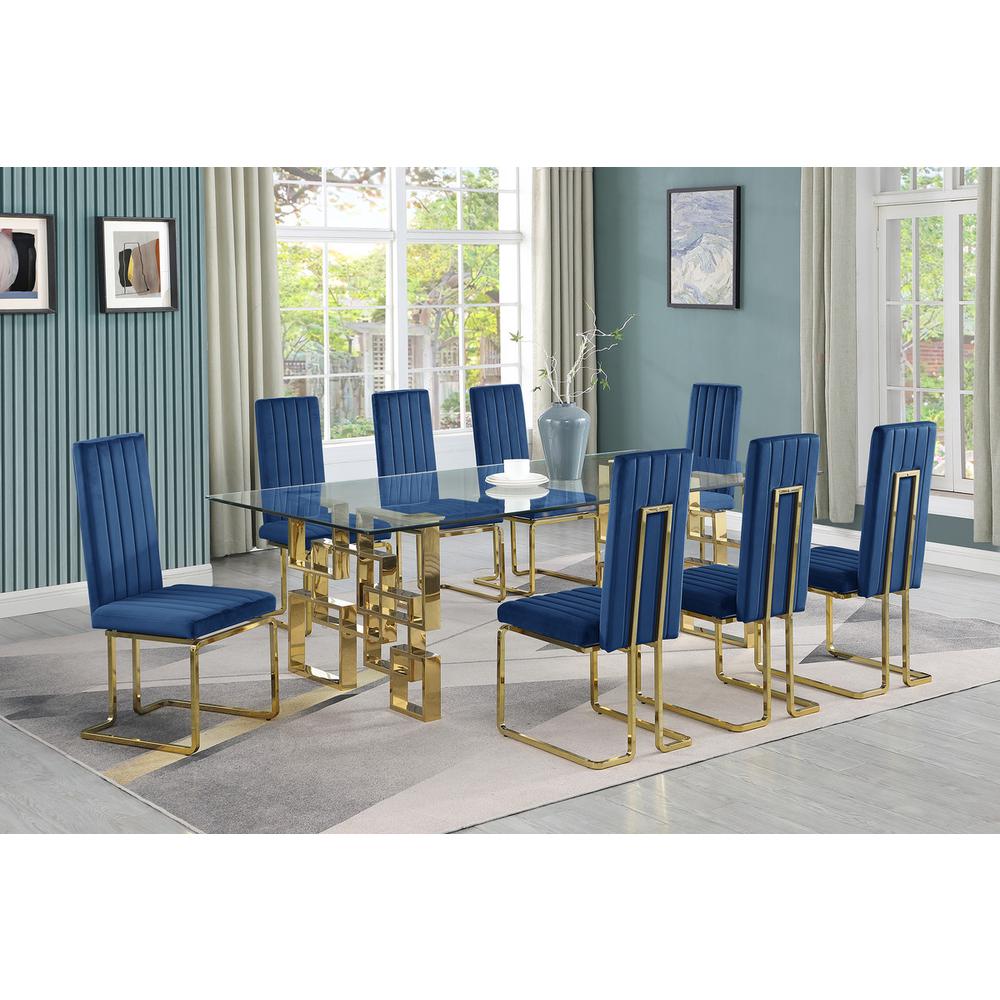 9-piece glam dining set with 8 Navy blue chairs and one 95″ glass  table