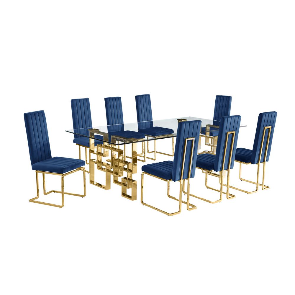 9-piece glam dining set with 8 Navy blue chairs and one 95″ glass  table