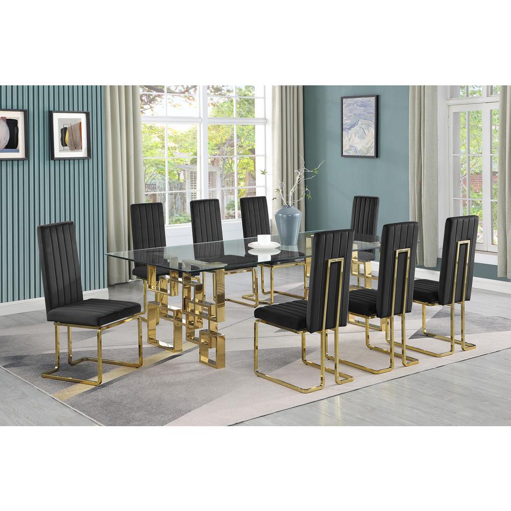 9-piece glam dining set with 8 Black chairs and one 95″ glass  table