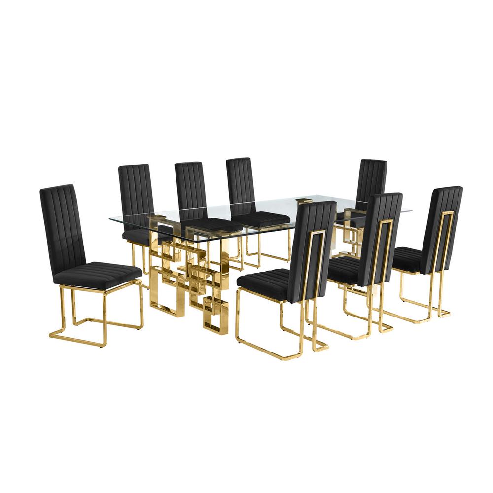 9-piece glam dining set with 8 Black chairs and one 95″ glass  table