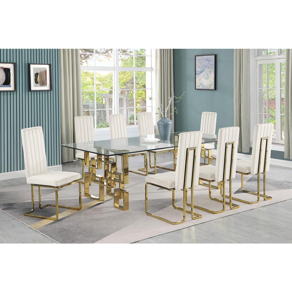 9-piece glam dining set with 8 Cream chairs and one 95″ glass  table