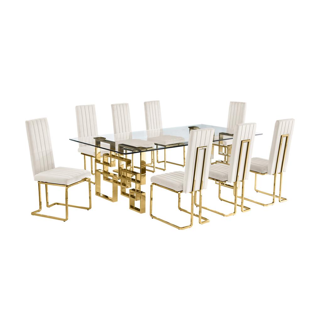 9-piece glam dining set with 8 Cream chairs and one 95″ glass  table