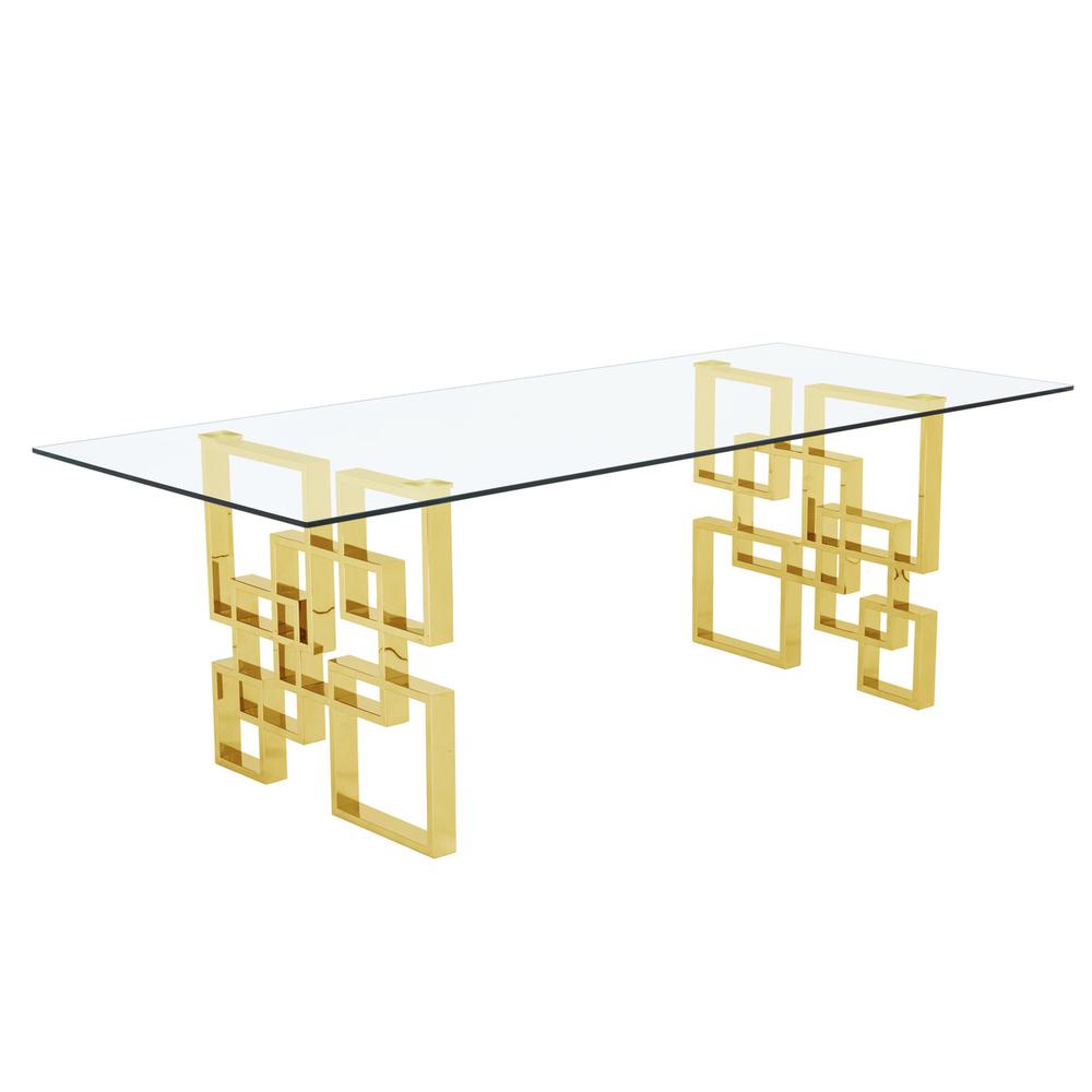 94″ large clear glass dining table w/ gold color stainless steel base