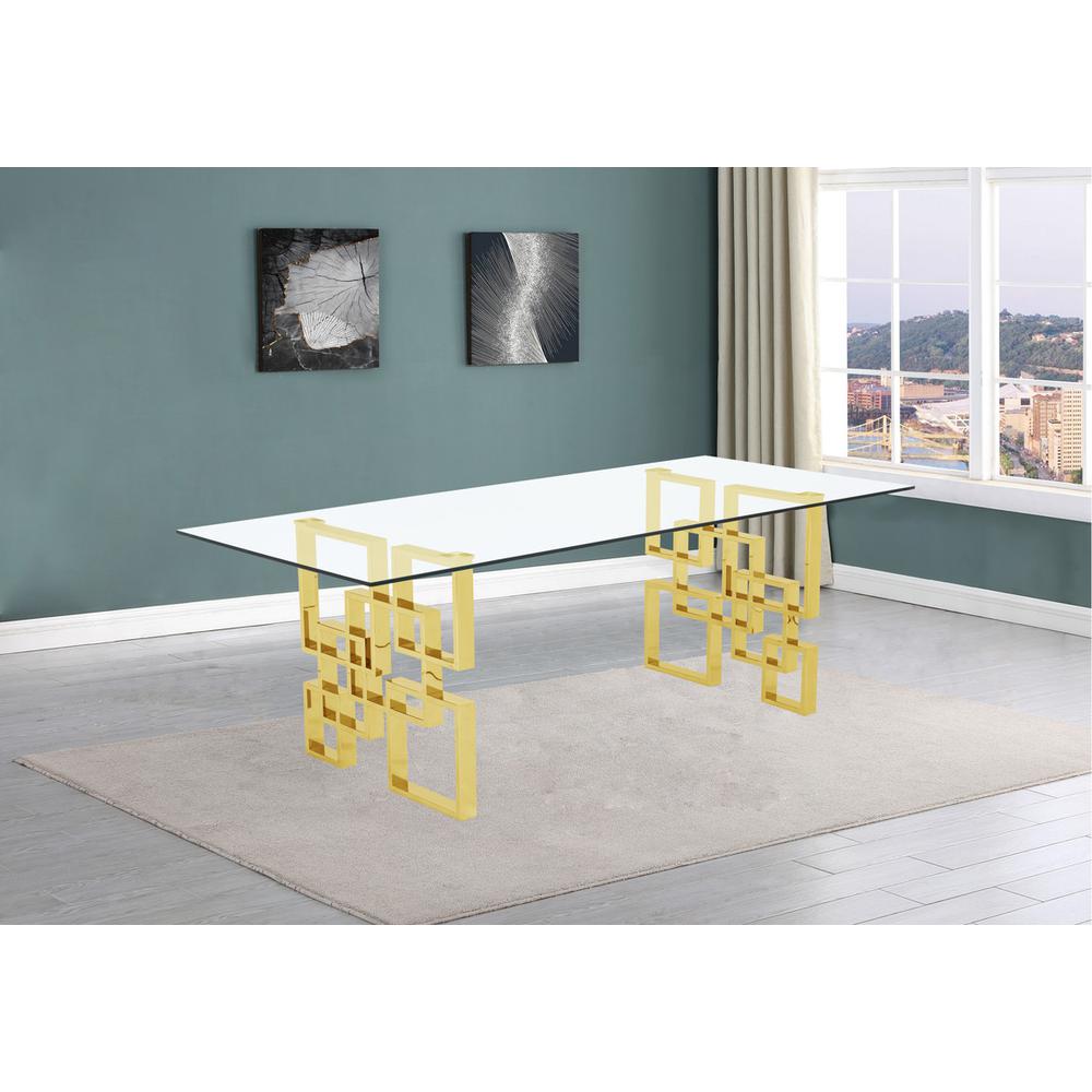 94″ large clear glass dining table w/ gold color stainless steel base