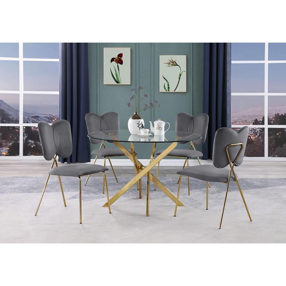 5pc dining Set- Round tempered glass dining table with 4 Dark grey velvet chairs
