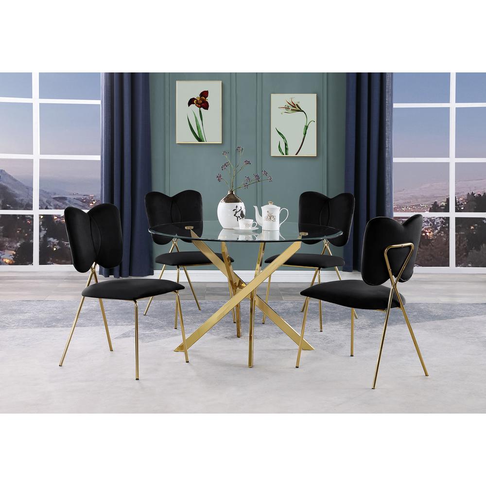 5pc dining Set- Round tempered glass dining table with 4 Black velvet chairs