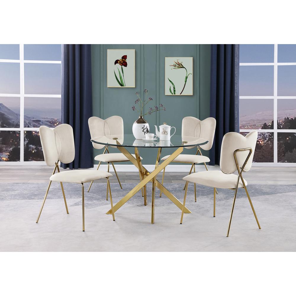 5pc dining Set- Round tempered glass dining table with 4 Cream velvet chairs