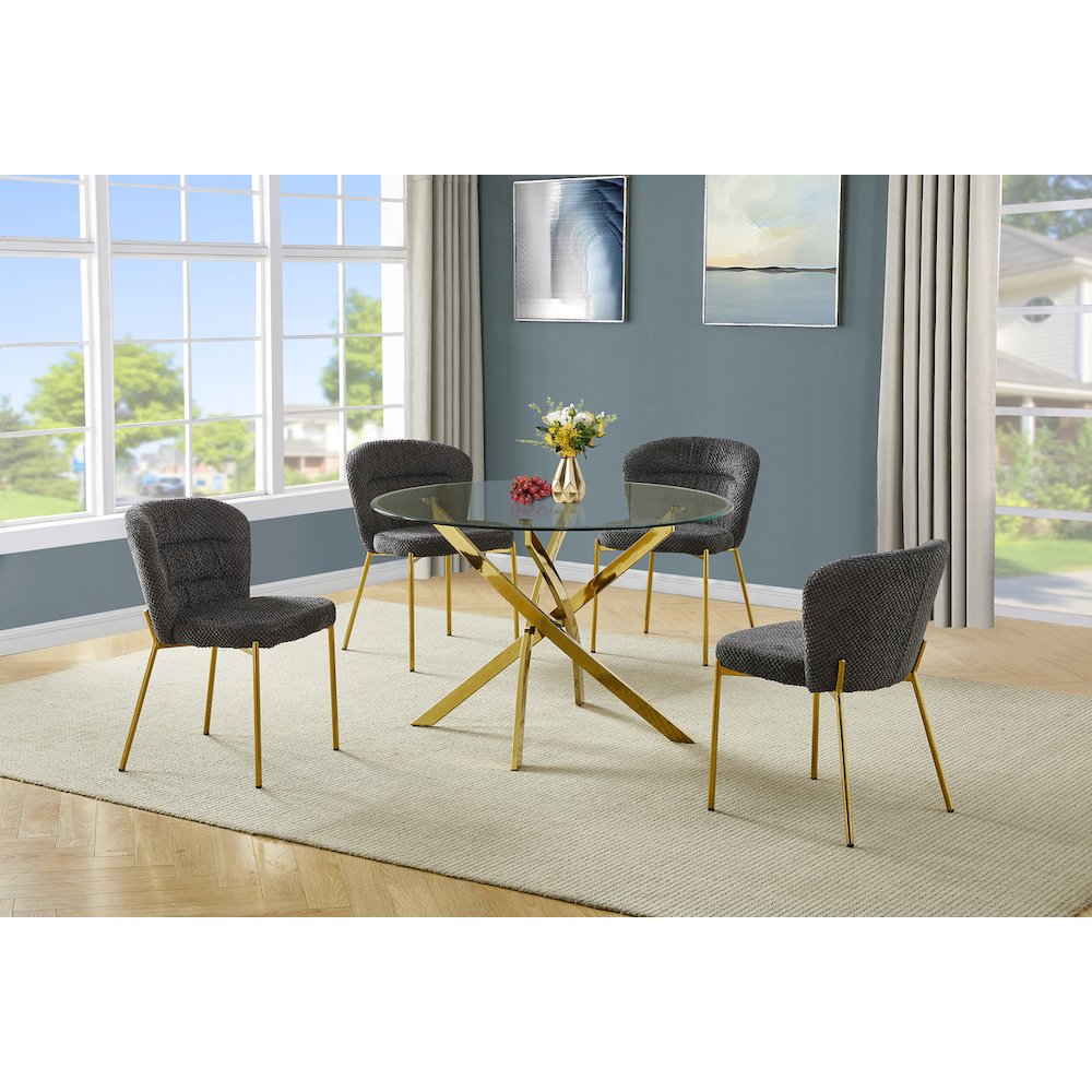 Round Tempered Glass Dining Table With 4 Dark Grey Side Chairs