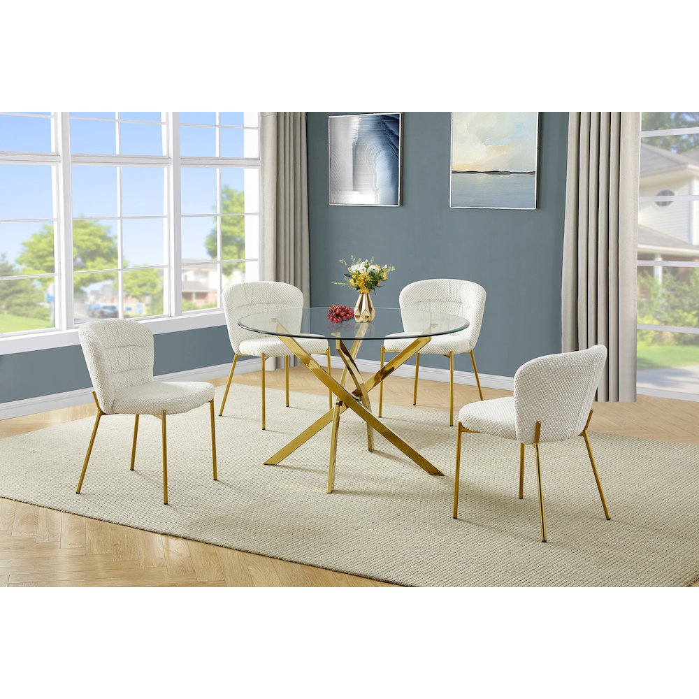 Round Tempered Glass Dining Table With 4 Cream Side Chairs