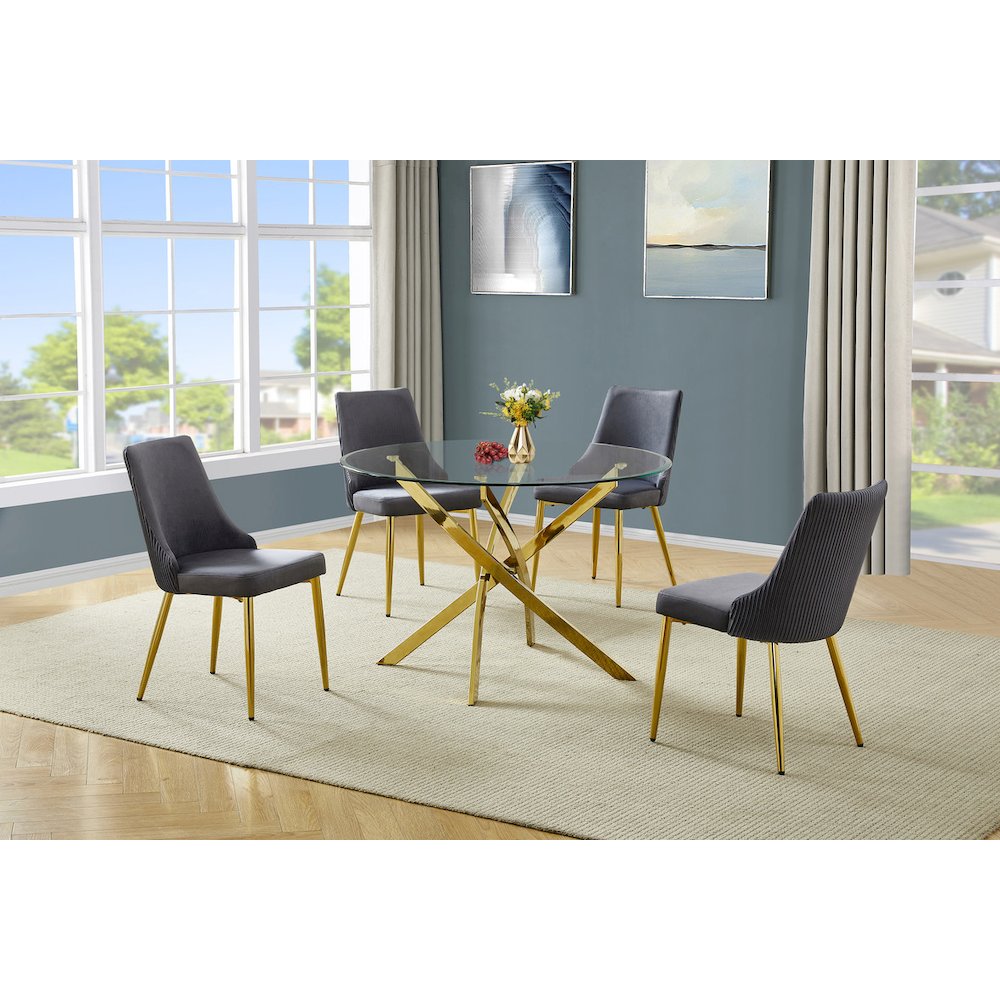 5Pc Round Tempered Glass Dining Table With 4 Dark Gray Side Chairs