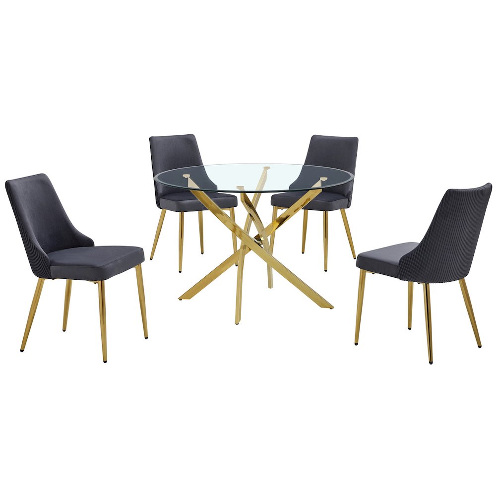 5Pc Round Tempered Glass Dining Table With 4 Dark Gray Side Chairs