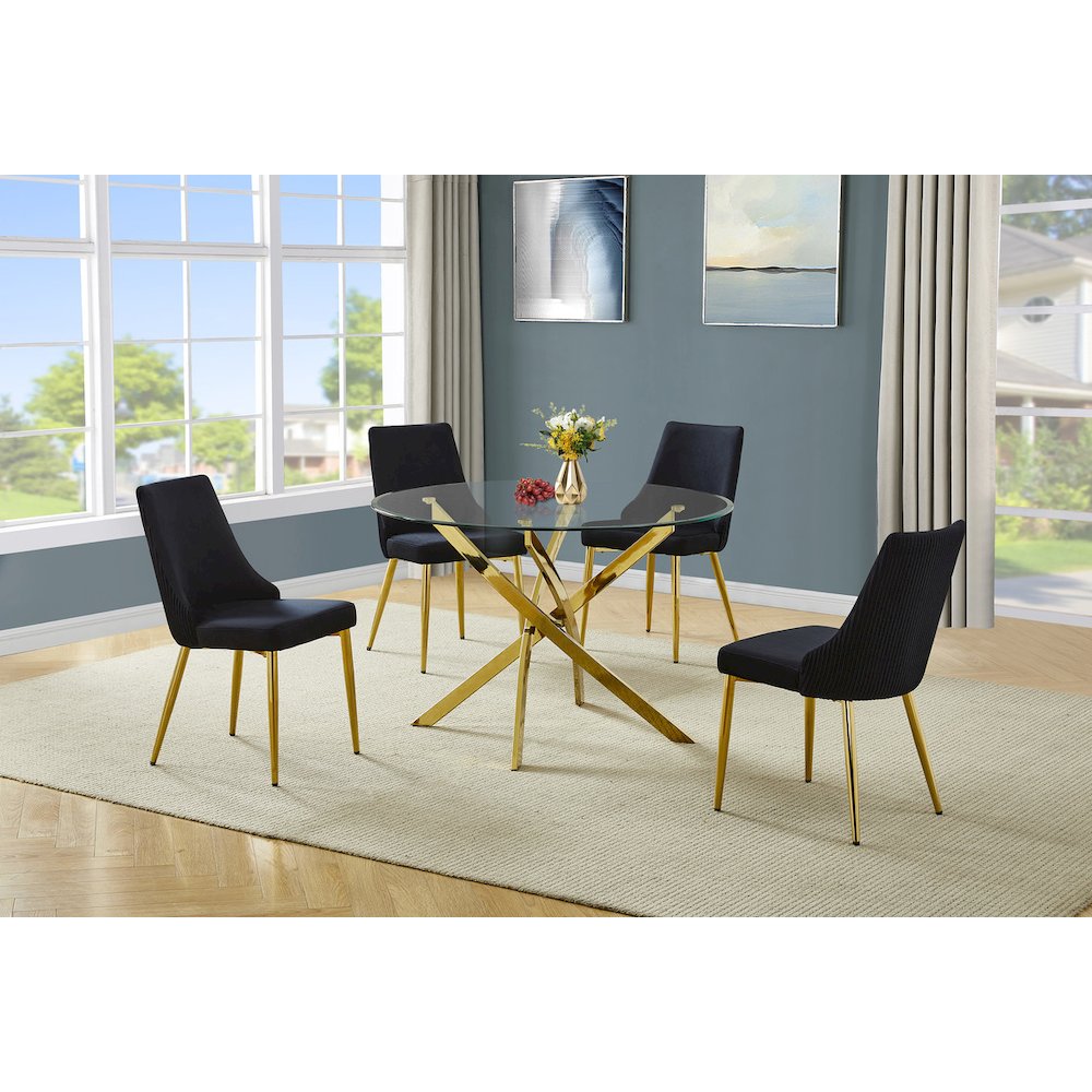5Pc Round Tempered Glass Dining Table With 4 Black Side Chairs