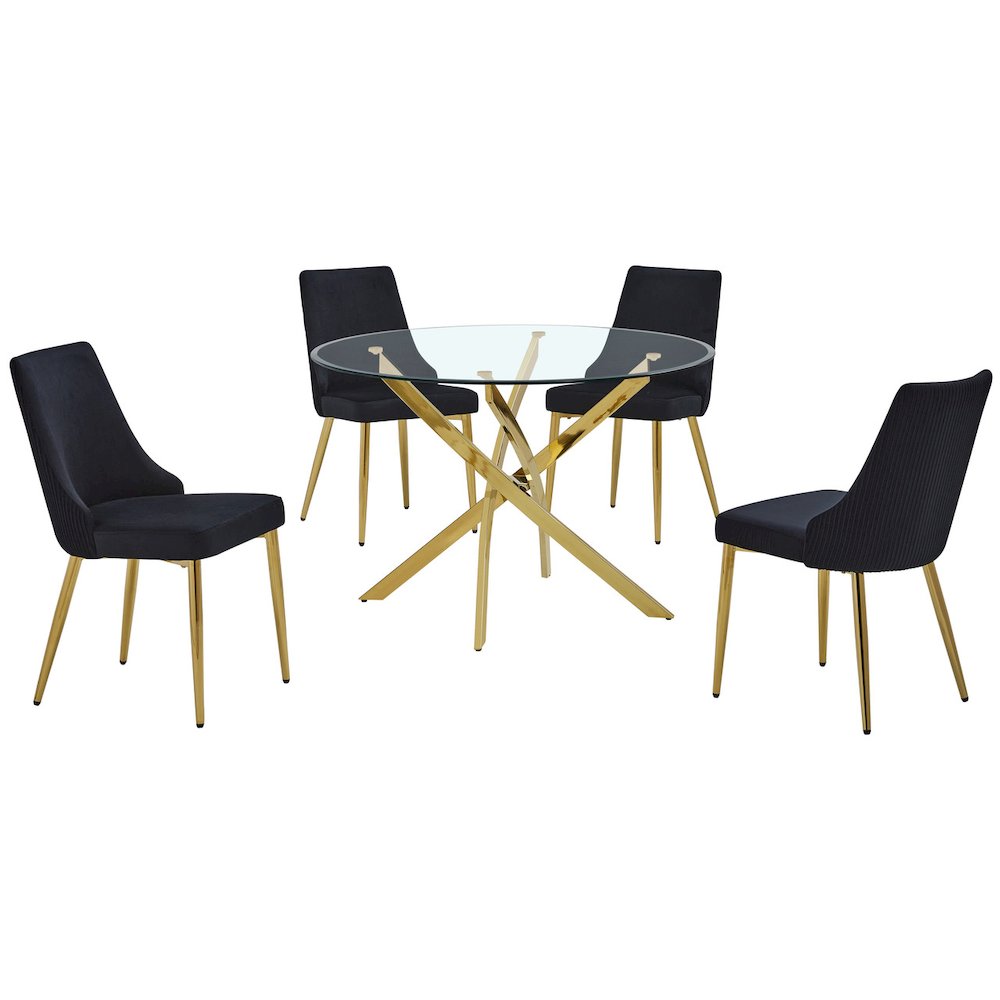 5Pc Round Tempered Glass Dining Table With 4 Black Side Chairs