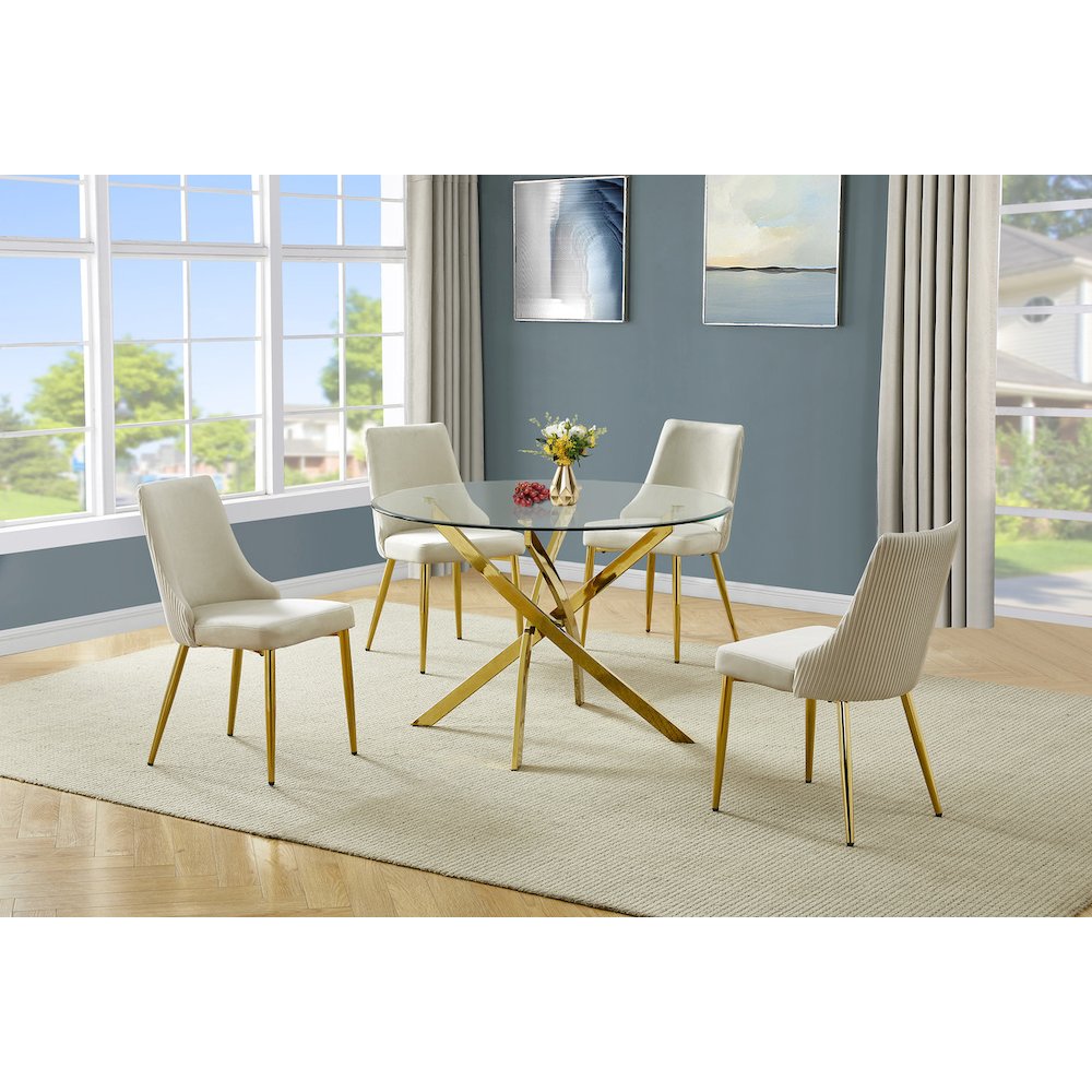 5Pc Round Tempered Glass Dining Table With 4 Cream Side Chairs