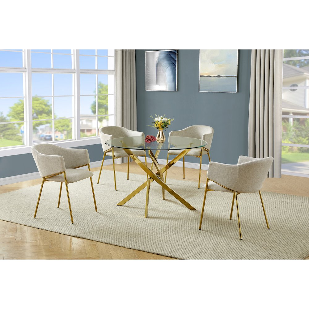 5Pc Round Glass Dining Table With 4 Beige Side Chairs