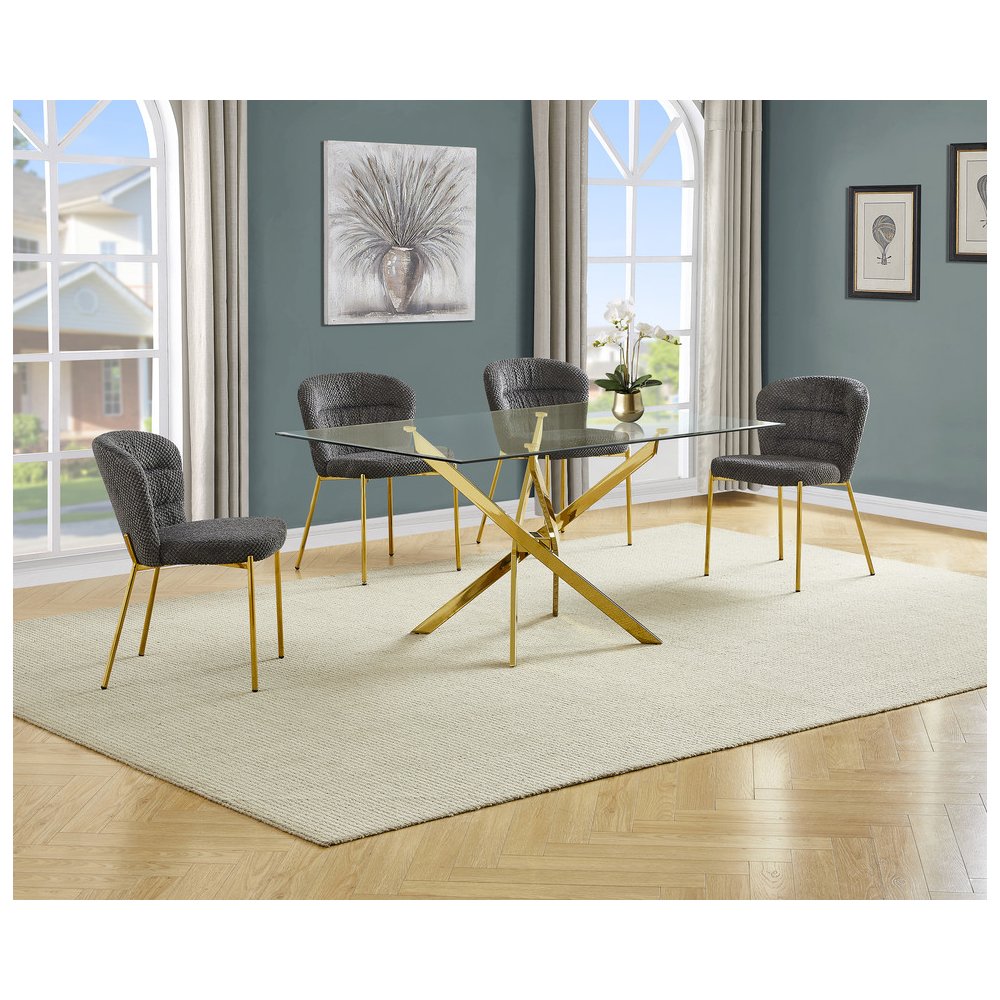 Rectangle Tempered Glass Dining Table With 4 Dark Grey Side Chairs