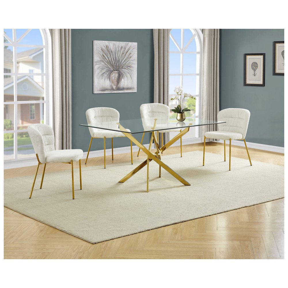 Rectangle Tempered Glass Dining Table With 4 Cream Side Chairs