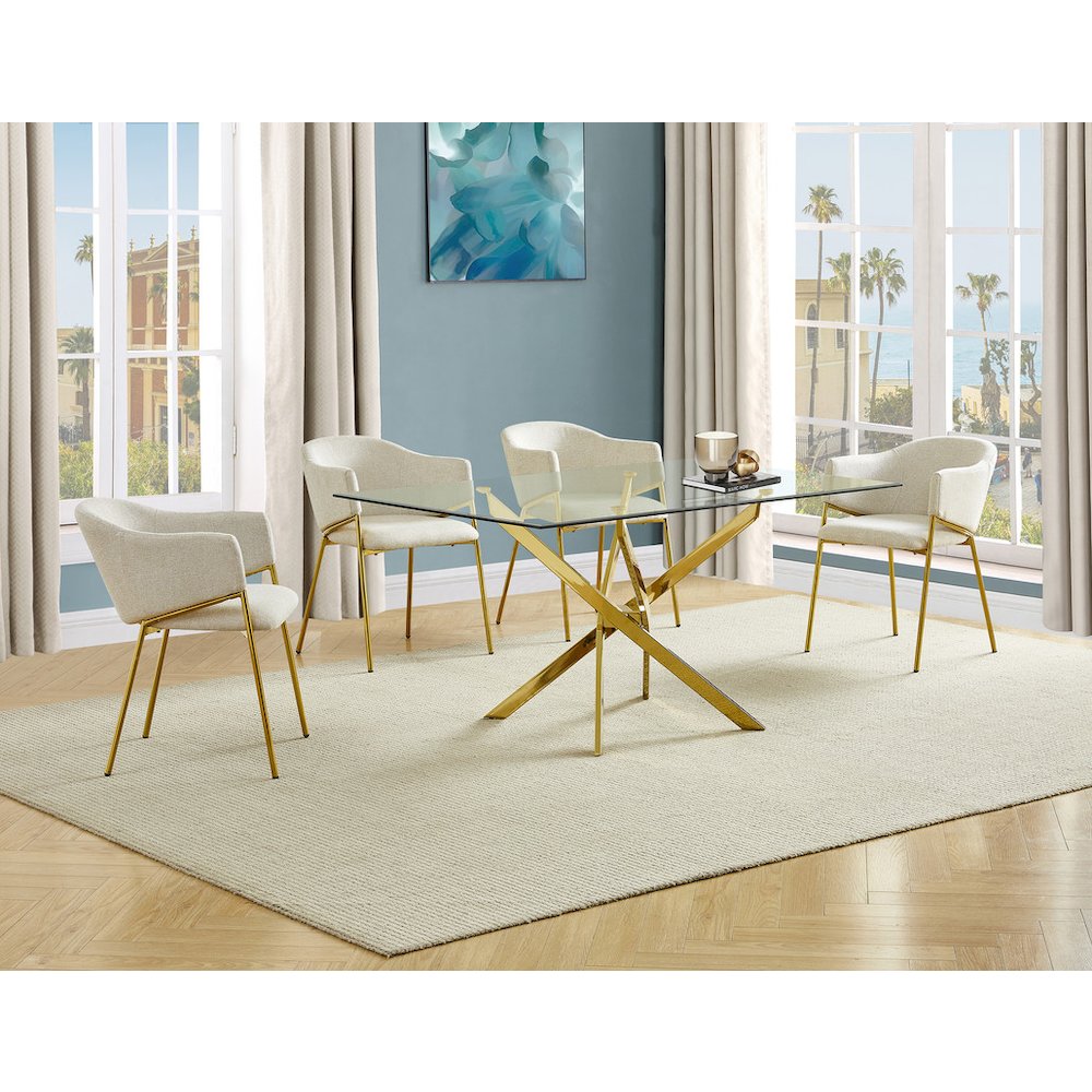 5Pc Rectangle Glass Dining Table With 4 Beige Side Chairs