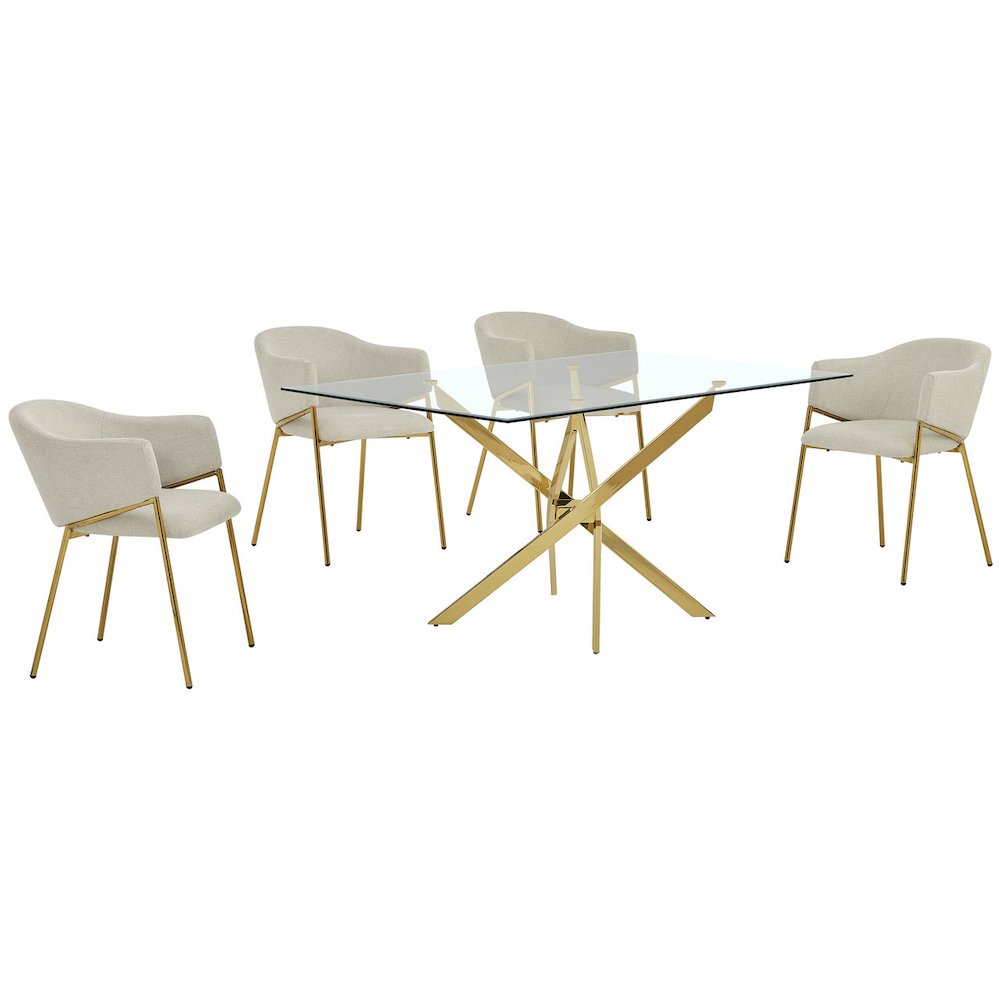 5Pc Rectangle Glass Dining Table With 4 Beige Side Chairs